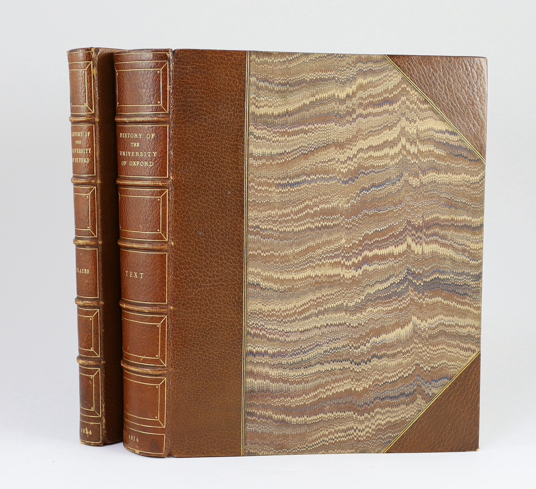 Ackermann, Rudolph - London - Oxford. ‘’A History of the University of Oxford…’’, 2 vols, 4to, 20th century half brown morocco, with marbled boards, with engraved portrait and 115 hand-coloured plates, (including 33 foun